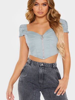 Grey Zip Front Puff Sleeve Top