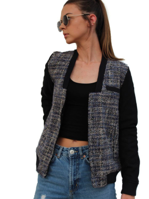 Bogo -women's Updated Tweed Varsity Jacket With Contrast Sleeve