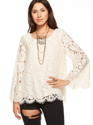 Vintage Metallic Lace Open Back Bell Sleeve Top