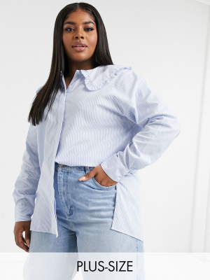 Glamorous Curve Relaxed Shirt In Blue Pinstripe With Peter Pan Frill Collar