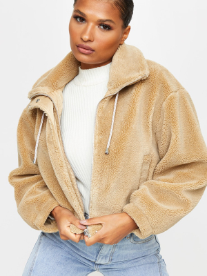 Camel Short Teddy Zip Up Jacket