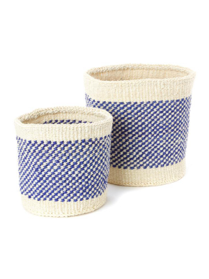 Blue And Cream Twill Sisal Nesting Basket Set