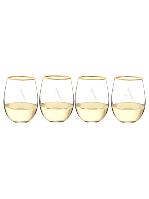 Cathy's Concepts 19.25oz 4pk Monogram Gold Rim Stemless Wine Glasses A-z