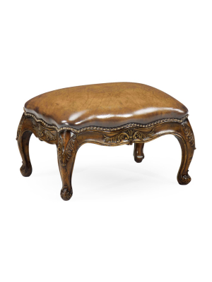 Small French Provincial Walnut Footstool With Antique Chestnut Leather