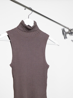 New Look Ribbed Knit Sleeveless Roll Neck Tank In Taupe