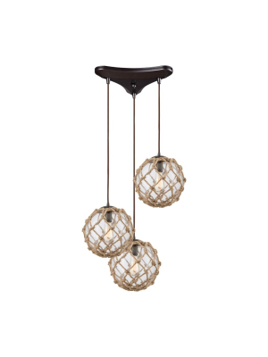 Coastal Inlet 3-light Triangular Pendant Fixture In Oiled Bronze With Rope And Clear Glass