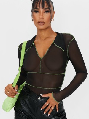 Black Mesh Contrast Stitch Long Sleeve Bodysuit