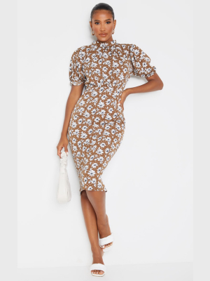 Chocolate Floral Puff Sleeve Tie Back Midi Dress