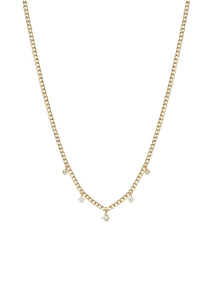 14k Gold Extra Small Curb Chain Necklace With 5 Prong Diamonds