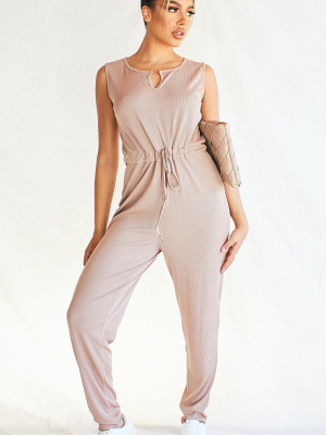 Stone V Neck Tie Waist Rib Jumpsuit