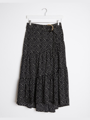 Stradivarius Long Skirt With Belt In Black Polkadot Print