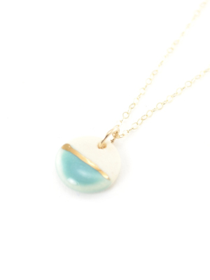 Tiny Porcelain &amp; Gold Pebble Necklace - Teal/ Gold Line 16"