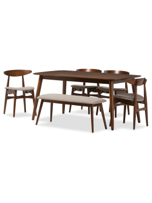 Flora Mid-century Modern Light Gray Fabric & Oak Medium Brown Finishing Wood 6-piece Dining Set - Baxton Studio