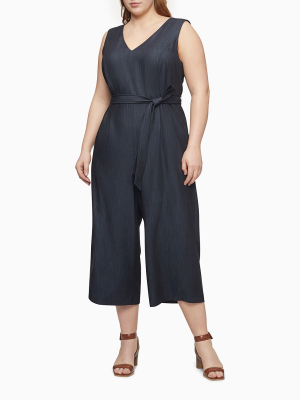 Plus Size Denim V-neck Belted Jumpsuit