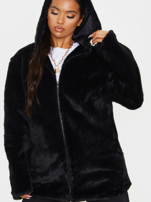 Black Hooded Faux Fur Midi Coat