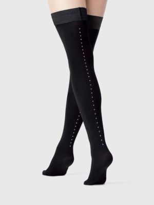 Women's Opaque Gold Stud Backseam Thigh Highs - A New Day™ Black