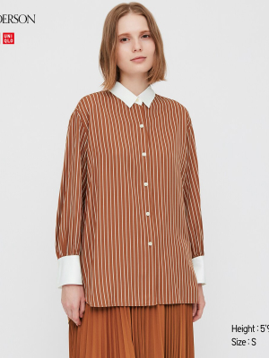 Women Rayon Striped Long-sleeve Long Shirt (jw Anderson)