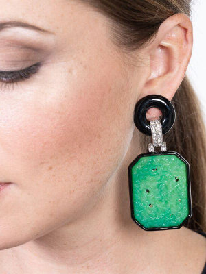 Large Jade And Black Art Deco Drop Clip Earrings