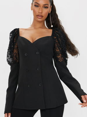 Black Woven Double Breasted Lace Puffer Sleeve...