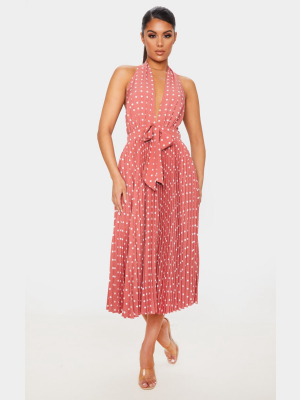 Dusty Pink Halterneck Pleated Midi Dress