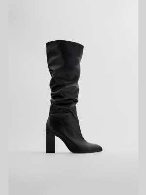 Slouchy Heeled High Shaft Leather Boots