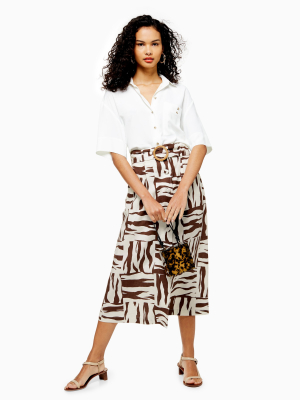 Zebra Print Linen Blend Midi Skirt