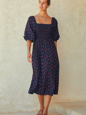 Nancy Puff Sleeve Shirred Midi Dress | Navy/ Red