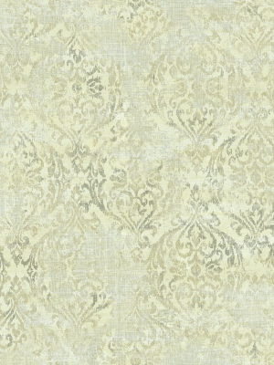 Distressed Damask Wallpaper In Antique Luster From The Nouveau Collection By Wallquest