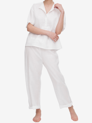 Set – Short Sleeve Cropped Sleep Shirt And Lounge Pant White Linen