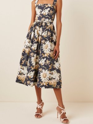 Flora-print Pleated Cotton-blend Dress