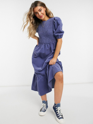 Asos Design Cord Shirred Midi Smock Dress In Blue