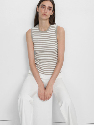 Ribbed Shell Top In Striped Stretch Cotton