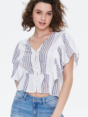 Striped Butterfly Sleeve Buttoned Top