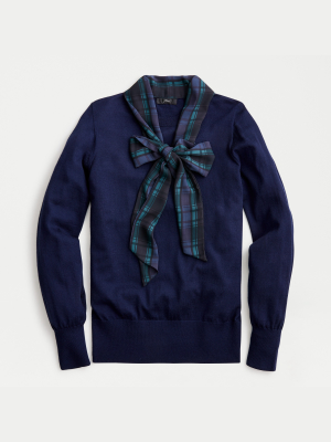 Merino Mockneck Sweater With Tartan Scarf Tie