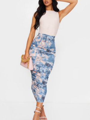 Blue Marbled Slinky Ruched Midi Skirt