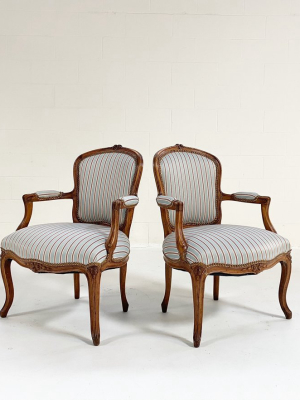 Louis Xv Style Beech Fauteuils In Dedar Silk Stripe, Pair