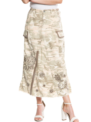 Military Long Skirt With Embroidery - White Camo