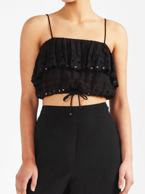 Damara Eyelet Ruffle Cropped Top - Black