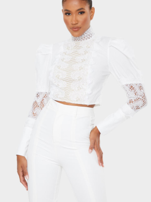 White Woven Lace Panel Puff Sleeve Cropped Blouse