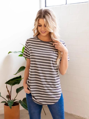 Short Sleeve Striped Mia Top - Charcoal