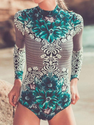 Ethnic Surf Floral Long Sleeve Rash Guard One Piece Swimsuit