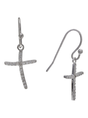 Women's Cross Drop Earrings With Clear Pave Cubic Zirconia In Sterling Silver - Clear/gray (27mm)