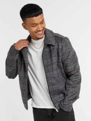 Asos Design Wool Mix Harrington Jacket In Gray Check