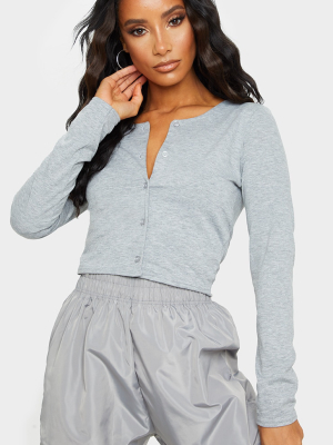 Grey Long Sleeve Button Front Crop Top