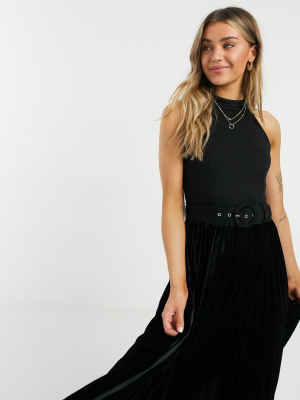 Style Cheat Velvet Pleated Skirt Maxi Dress With Belt In Black