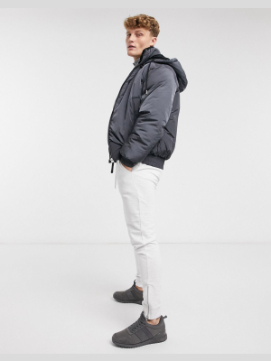 River Island Hooded Puffer In Charcoal