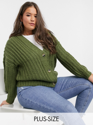 Noisy May Curve Cable Knit Cardigan In Khaki