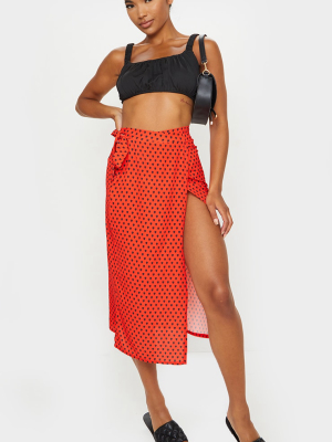 Red Heart Print Wrap Around Midi Skirt