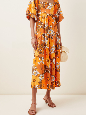 Kiona Puff-sleeve Tiered Midi Dress