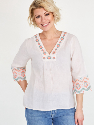 Aria Embroidered Blouse | Ecru/salmon/sage